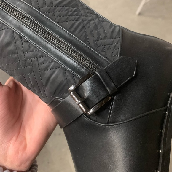 Buckle Detail Knee High Zip Lug Sole Boots in Black Faux Leather, Women’a - Picture 8 of 15